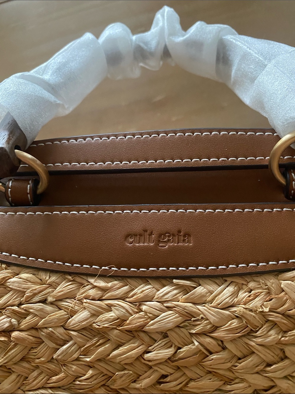 Cult Gaia Wanda Tote Natural Straw Dome Brown Leather Long Strap Beach Elegant - Picture 8 of 10
